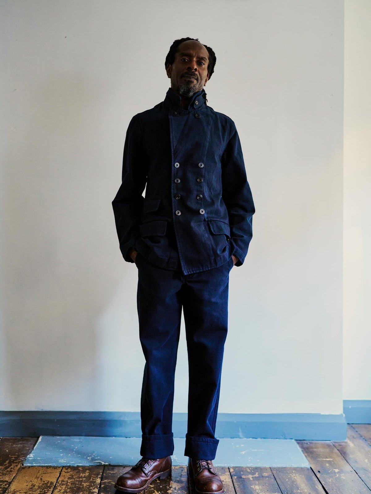 Overstrand double breasted cotton drill workwear jacket